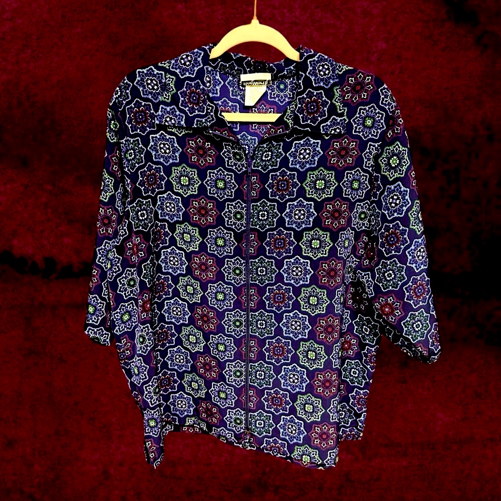 Bonworth Womens Size Large Zipper Front Blouse Vintage Navy Geometric